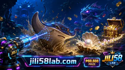 JILI58 fishing cannon aimed through a sapphire underwater lane with moving fish targets