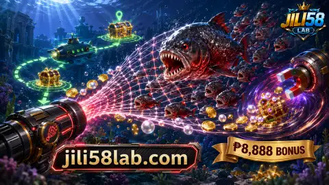 JILI58 fishing mobile-friendly underwater lane with crossing fish targets above the polished gold cannon
