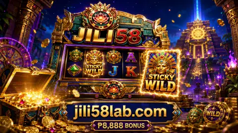 JILI58 slot reel scene showing gold-framed columns during the motion phase of a spin