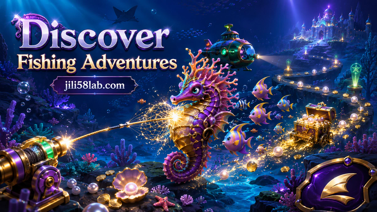 JILI58 game download fishing scene with a gold cannon tracking a small school through a sapphire corridor