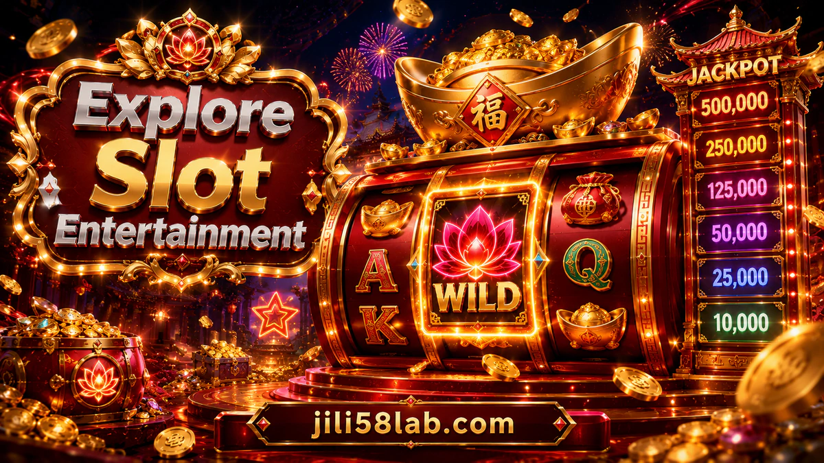 JILI58 slot games reel scene with gold frames, ruby light and blurred symbols in motion
